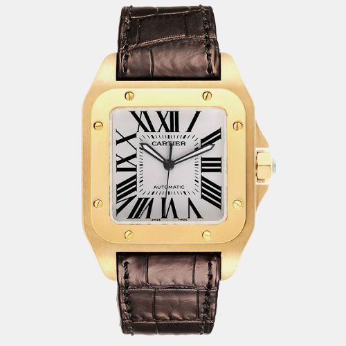 Santos 100 XL 18K Yellow Gold Black Strap Mens Watch W20071Y1 - Cartier - Modalova