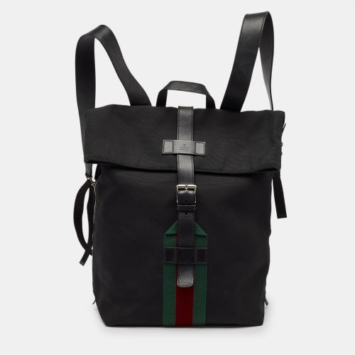 Leather and Nylon Web Fold Over Backpack - Gucci - Modalova