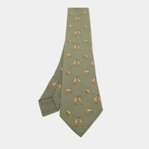 Olive /Beige Boxing Kangaroo Print Silk Classic Tie - Hermes - Modalova