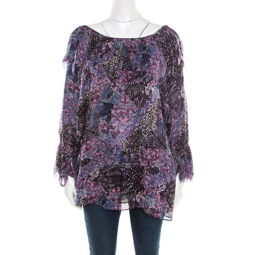 Printed Silk Frayed Neck Detail Long Sleeve Blouse S - Catherine Malandrino - Modalova