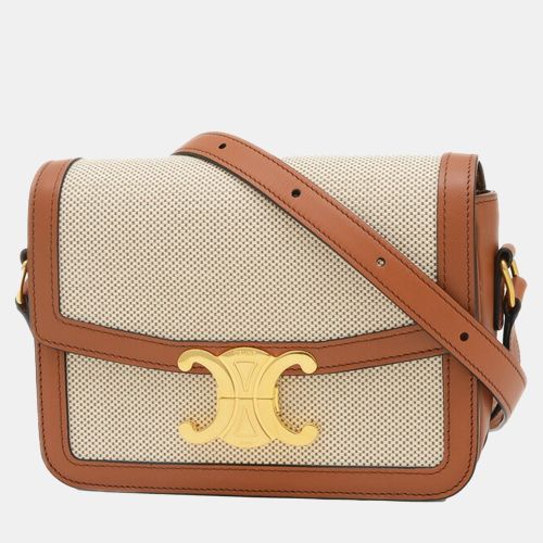 Tan/ Canvas Calfskin Teen Triomphe Shoulder Bag - Celine - Modalova