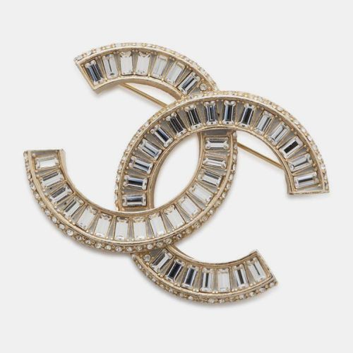 Champagne Metal CC Logo/Rhinestone Brooch - Chanel - Modalova