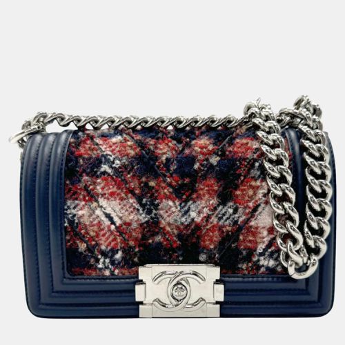 Tweed Leather Red Navy Silver Boy Shoulder Bag - Chanel - Modalova