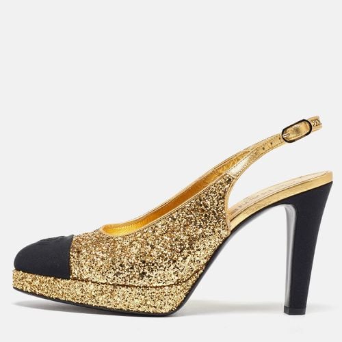 Black Glitter and Fabric Cap Toe Platform Slingback Pumps Size 40 - Chanel - Modalova