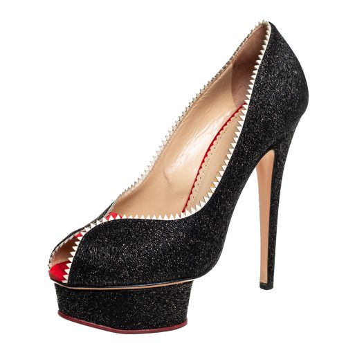 Glitter And Patent Leather Scalloped Trim Peep Toe Platform Pumps Size 37.5 - Charlotte Olympia - Modalova