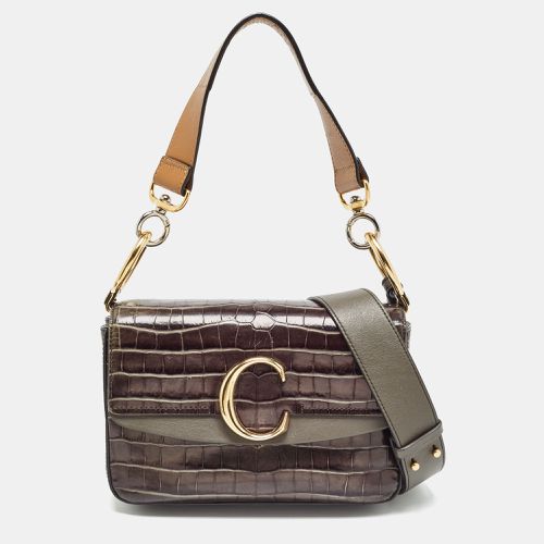 Dark /Brown Croc Embossed Leather C Top Handle Bag - Chloe - Modalova