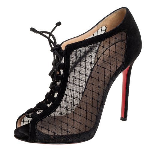 Mesh and Suede Lace-Up Peep-Toe Booties Size 38.5 - Christian Louboutin - Modalova