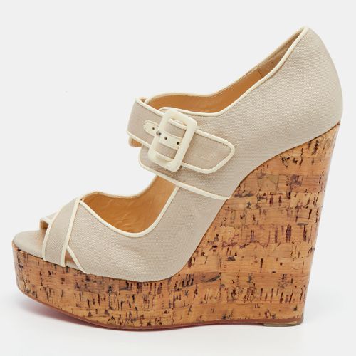 Canvas And Leather Cork Melides Wedge Peep Toe Pumps Size 39 - Christian Louboutin - Modalova