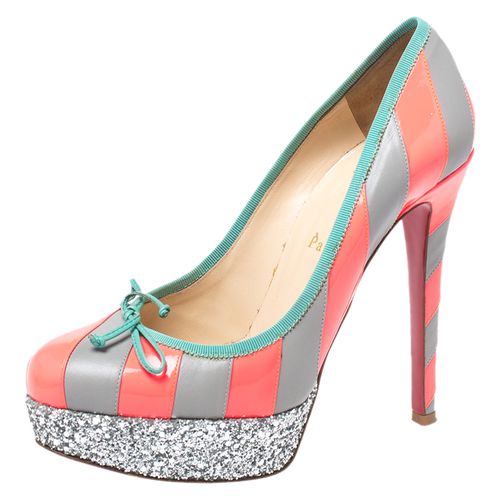 Fluorescent Pink/ Striped Leather Foraine Glitter Platform Pumps Size 37.5 - Christian Louboutin - Modalova