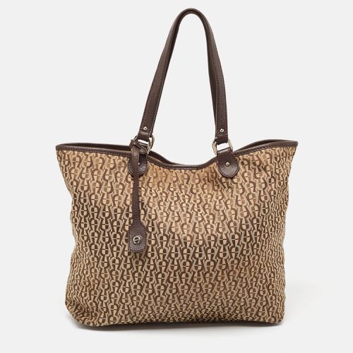 Brown/ Signature Canvas and Leather Snap Tote - Aigner - Modalova