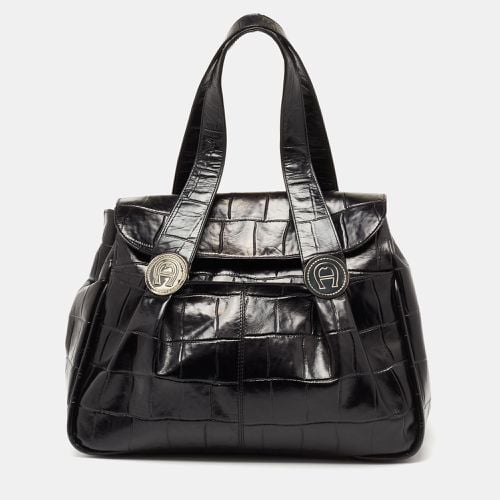 Croc Embossed Leather Satchel - Aigner - Modalova