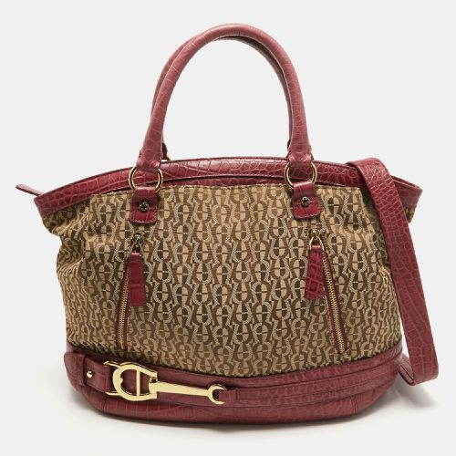 Pinnk Signature Canvas and Croc Embossed Leather Buckle Logo Satchel - Aigner - Modalova