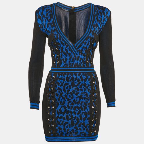 Black/ Leopard Knit Lace-Up Mini Dress S - Balmain - Modalova