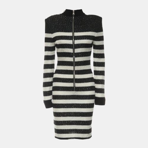 White Viscose Polyester Striped Knit Sequin Dress FR Women 38 - Balmain - Modalova