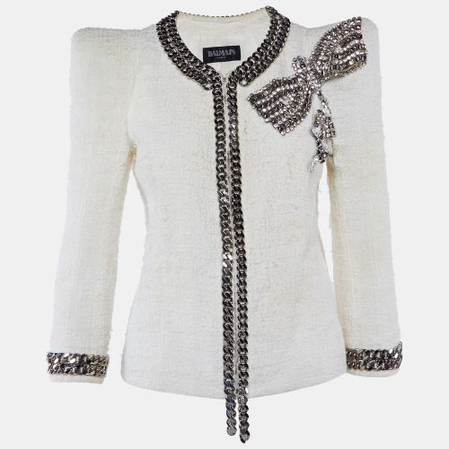 Ivory Tweed Chain & Bow Embellished Jacket L - Balmain - Modalova