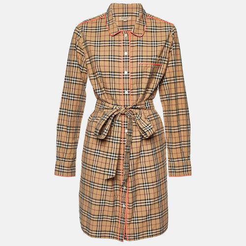 Beige Plaid Cotton Contrast Trimmed Mini Shirt Dress M - Burberry - Modalova