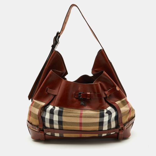 Beige House Check Canvas and Leather Bridle Hobo - Burberry - Modalova