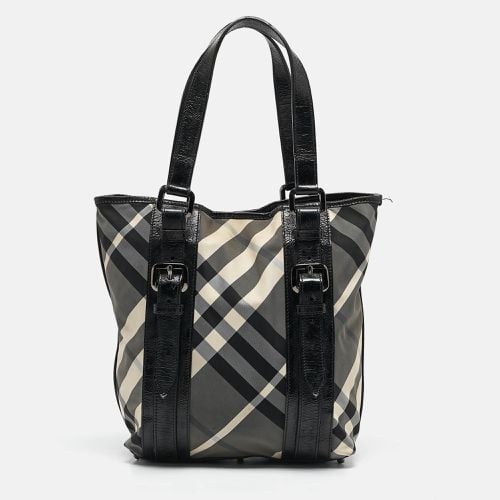 Grey/ Beat Check Nylon and Patent Leather Lowry Tote - Burberry - Modalova