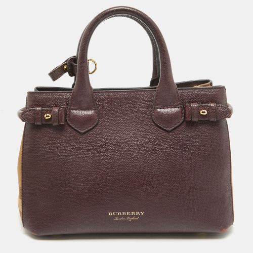 Leather and House Check Fabric Small Banner Tote - Burberry - Modalova