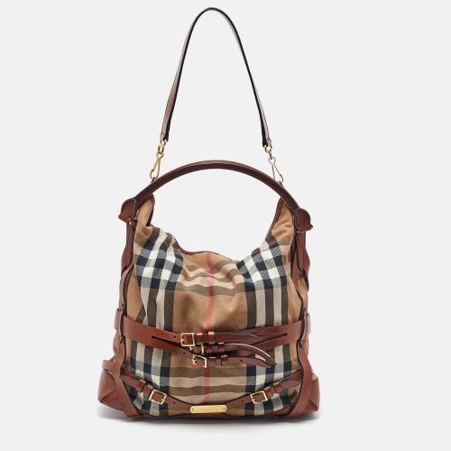 Beige Leather and House Check Canvas Medium Bridle Gosford Hobo - Burberry - Modalova