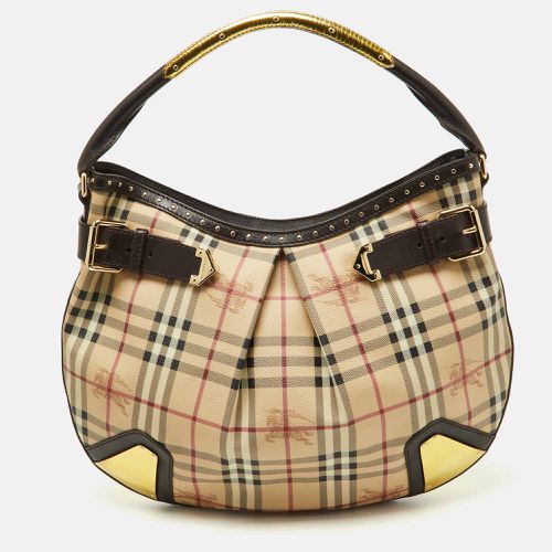 Dark /Beige House Check PVC and Leather Studded Hartley Hobo - Burberry - Modalova