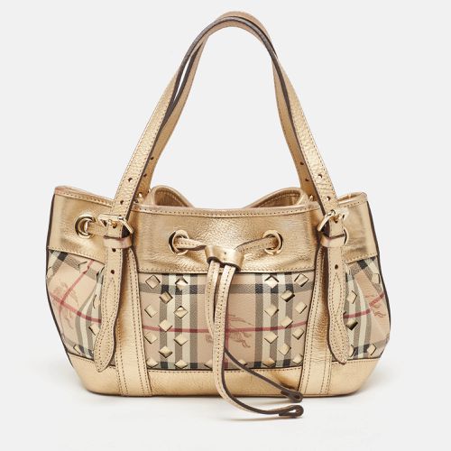 Beige Haymarket Check Laser Cut Coated Canvas and Leather Drawstring Tote - Burberry - Modalova