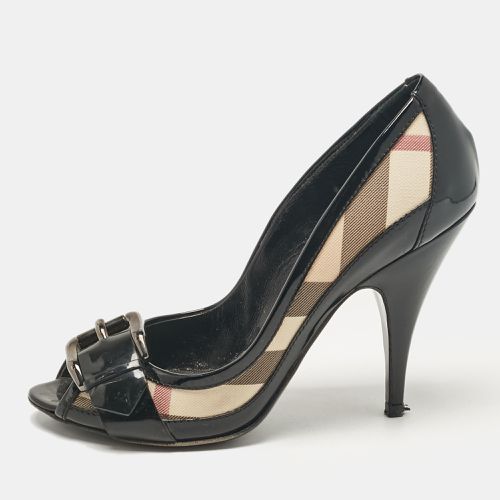 Patent Leather and Canvas Peep Toe Pumps Size 38 - Burberry - Modalova