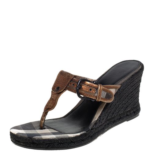 Bronze Leather Wedge Espadrille Thong Slide Sandals Size 39 - Burberry - Modalova