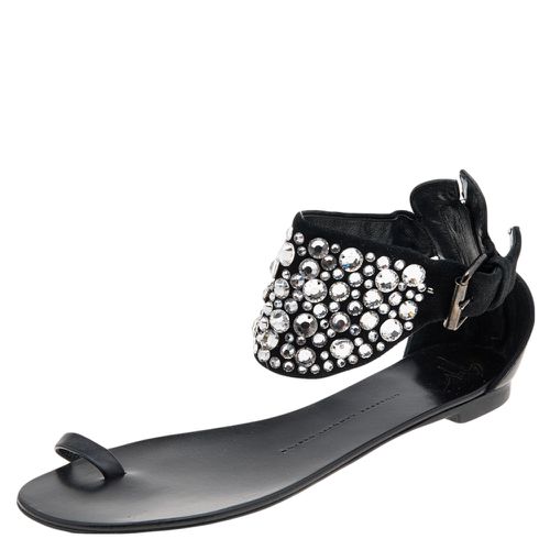 Satin And Leather Embellished Ankle Wrap Flat Sandals Size 37 - Giuseppe Zanotti - Modalova