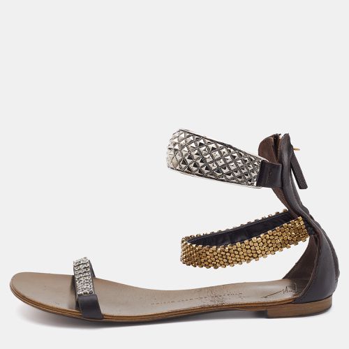 Dark Leather Embellished Ankle Strap Flats Size 38 - Giuseppe Zanotti - Modalova