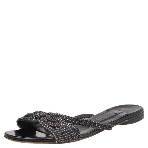 Crystal Embellished Leather Flat Slides Size 37.5 - Gina - Modalova