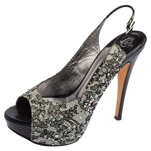 Lace Crystal Embellished Peep Toe Slingback Platform Pumps Size 37.5 - Gina - Modalova