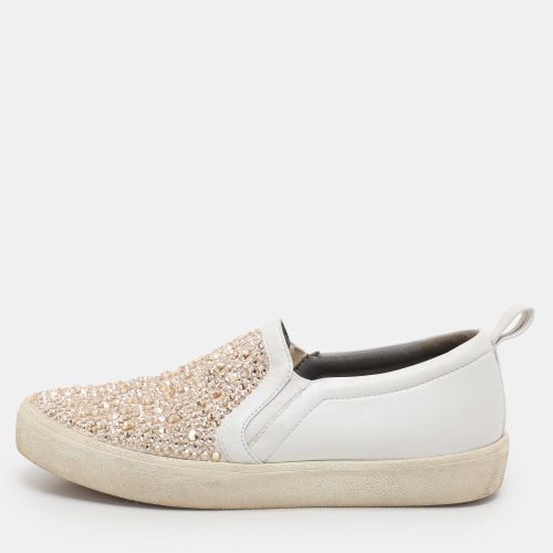 Beige Leather and Satin Crystal Embellished Slip On Sneakers Size 38 - Gina - Modalova