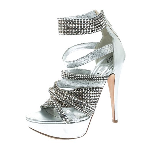 Crystal Embellished Leather and Python Strappy Platform Sandals Size 37 - Gina - Modalova