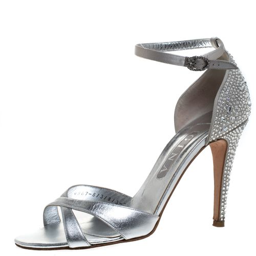 Leather And Satin Crystal Embellished Heel Ankle Strap Sandals Size 40 - Gina - Modalova