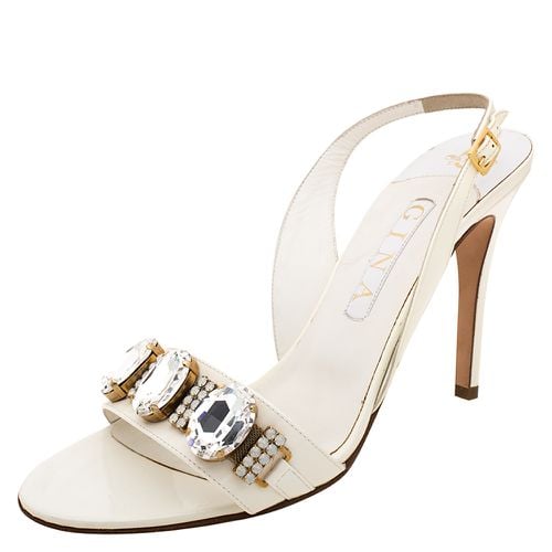 Leather Crystal Embellished Slingback Sandals Size 41 - Gina - Modalova