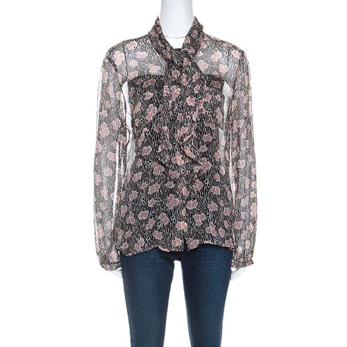 Black and Pink Floral Print Sheer Silk Blouse L - Giorgio Armani - Modalova