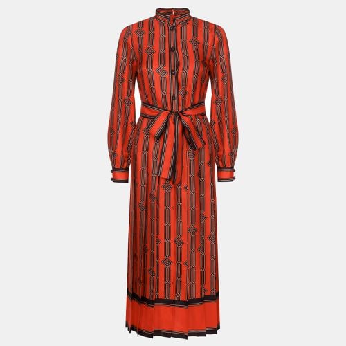 Square G chain Print Silk Tie-Up Neck Pleated Midi Dress M - Gucci - Modalova