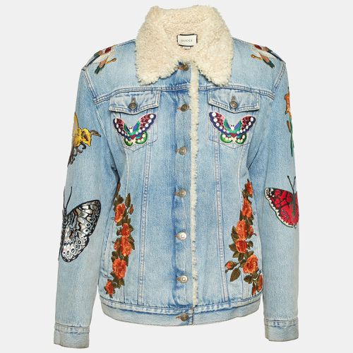 Floral Appliqued Denim & Shearling Jacket M - Gucci - Modalova