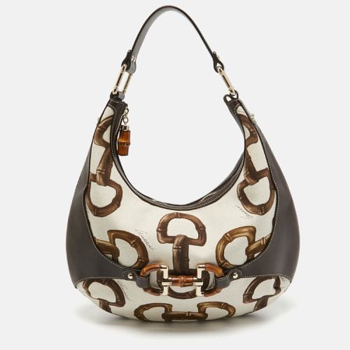 Dark /Natural Print Canvas Bamboo Horsebit Amalfi Hobo - Gucci - Modalova