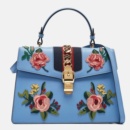 Leather Medium Floral Embroidered Sylvie Top Handle Bag - Gucci - Modalova