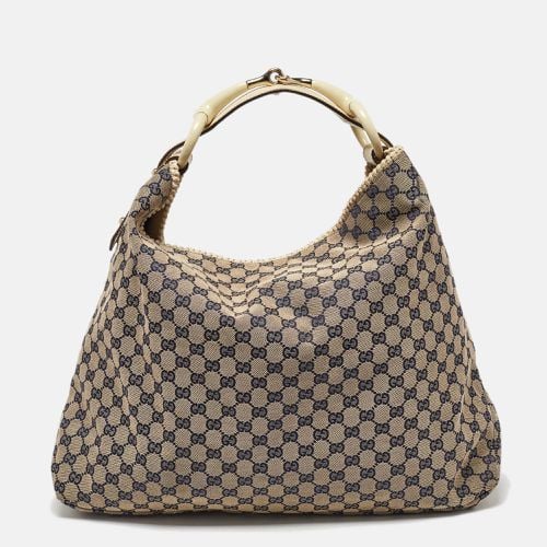 Off /Navy Blue GG Canvas and Leather Large Horsebit Hobo - Gucci - Modalova