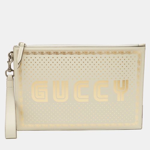 Off /Gold Leather Guccy Zip Wristlet Pouch - Gucci - Modalova