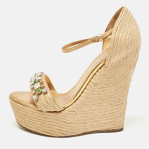 Gold Jute and Leather Crystal Embellished Wedge Sandals Size 37.5 - Gucci - Modalova