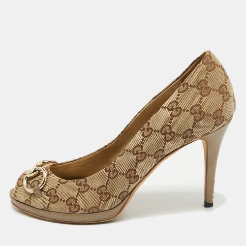 GG Canvas and Leather Peep Toe Pumps Size 39 - Gucci - Modalova