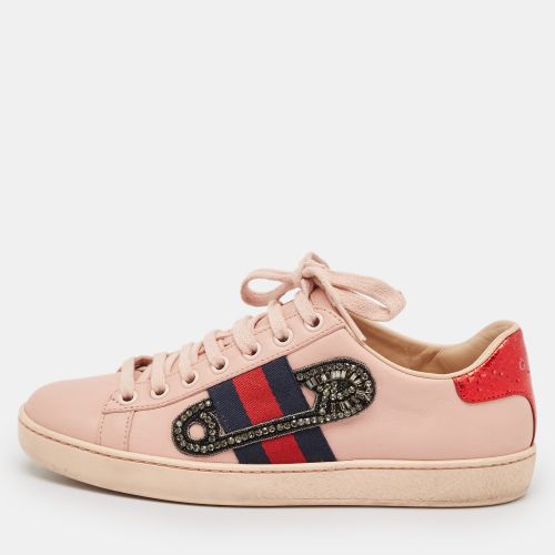 Leather Crystal Embellished 'Safety Pin' Ace Low Top Sneakers Size 35 - Gucci - Modalova