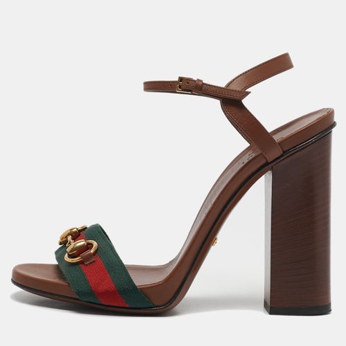 Leather Web Horsebit Ankle Strap Block Heel Sandals Size 38.5 - Gucci - Modalova