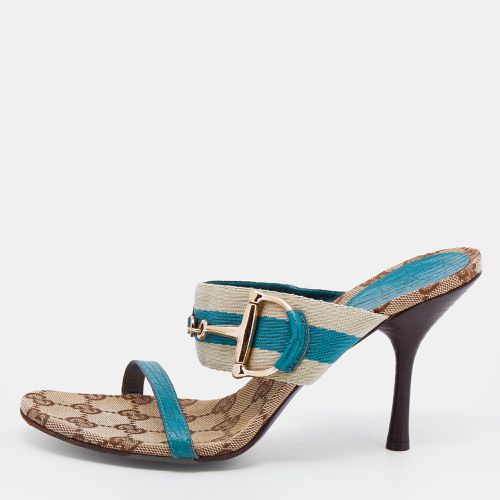 Turquoise /Off White Leather And Web Tape Slide Sandals Size 36 - Gucci - Modalova