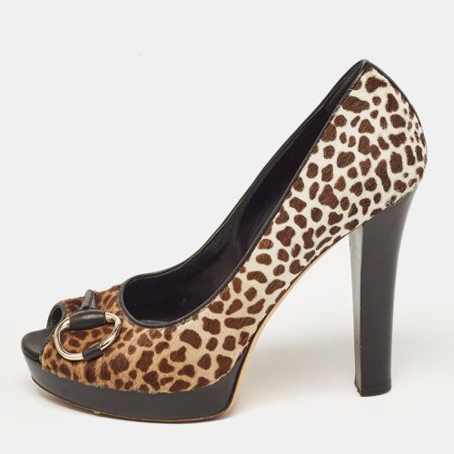 Beige Animal Print Calf Hair Icon Bit Peep Toe Platform Pumps Size 39 - Gucci - Modalova