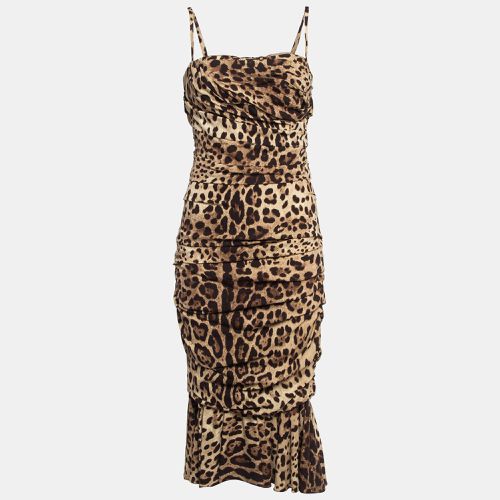 Leopard Print Stretch Silk Ruched Midi Dress M - Dolce & Gabbana - Modalova